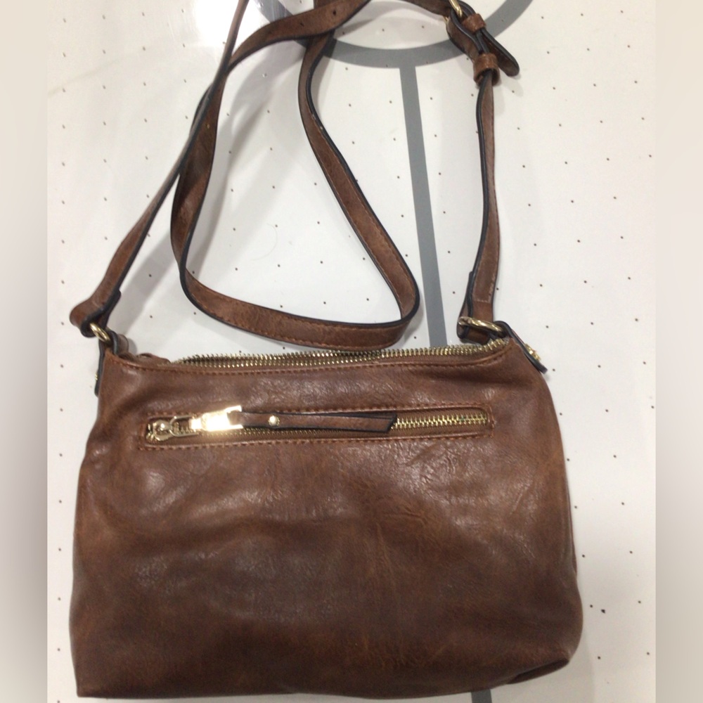 MMS Design Studio Brown Leather Crossbody with Gold Zip Accent